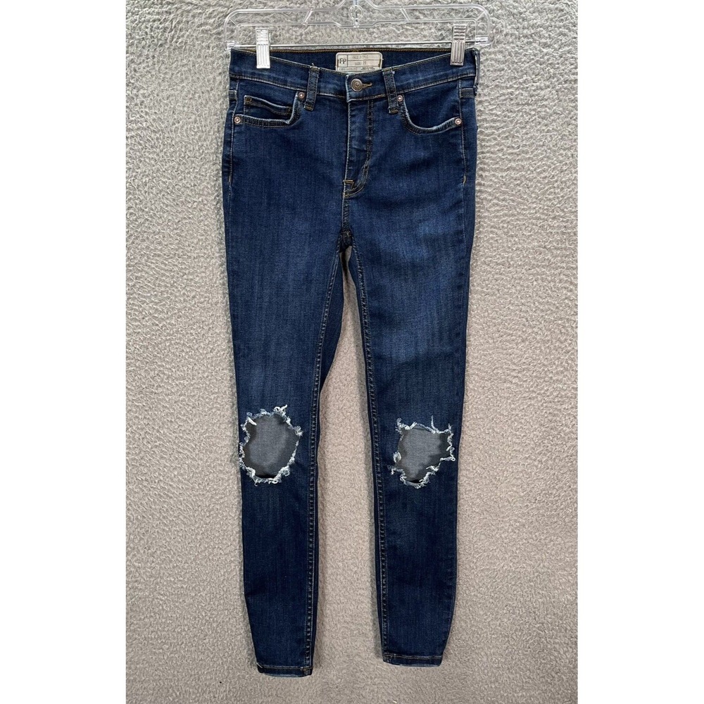 Free People Jeans Womens 25 Blue Denim Stretch Skinny Low Rise Distressed Preppy